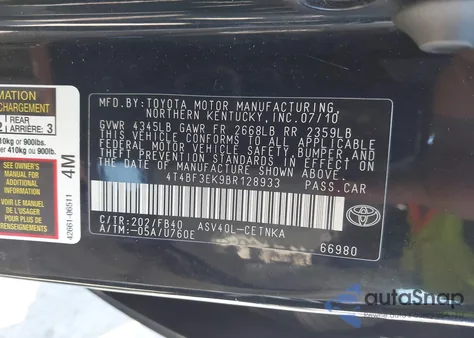 2011 Toyota Camry Le z USA, uszkodzony, nr VIN 4T4BF3EK9BR128933